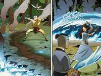 Aang and Katara extinguish the fire