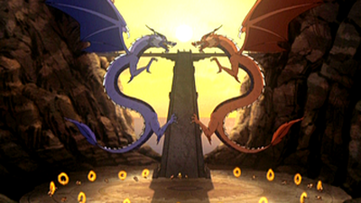 The red and blue dragons meet a gaze from across a stone bridge. Two men stand on the bridge requesting wisdom from these divine beings.