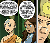 Aang and Katara talking to Kuei