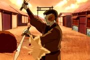 Zuko rompe una roca con sus espadas