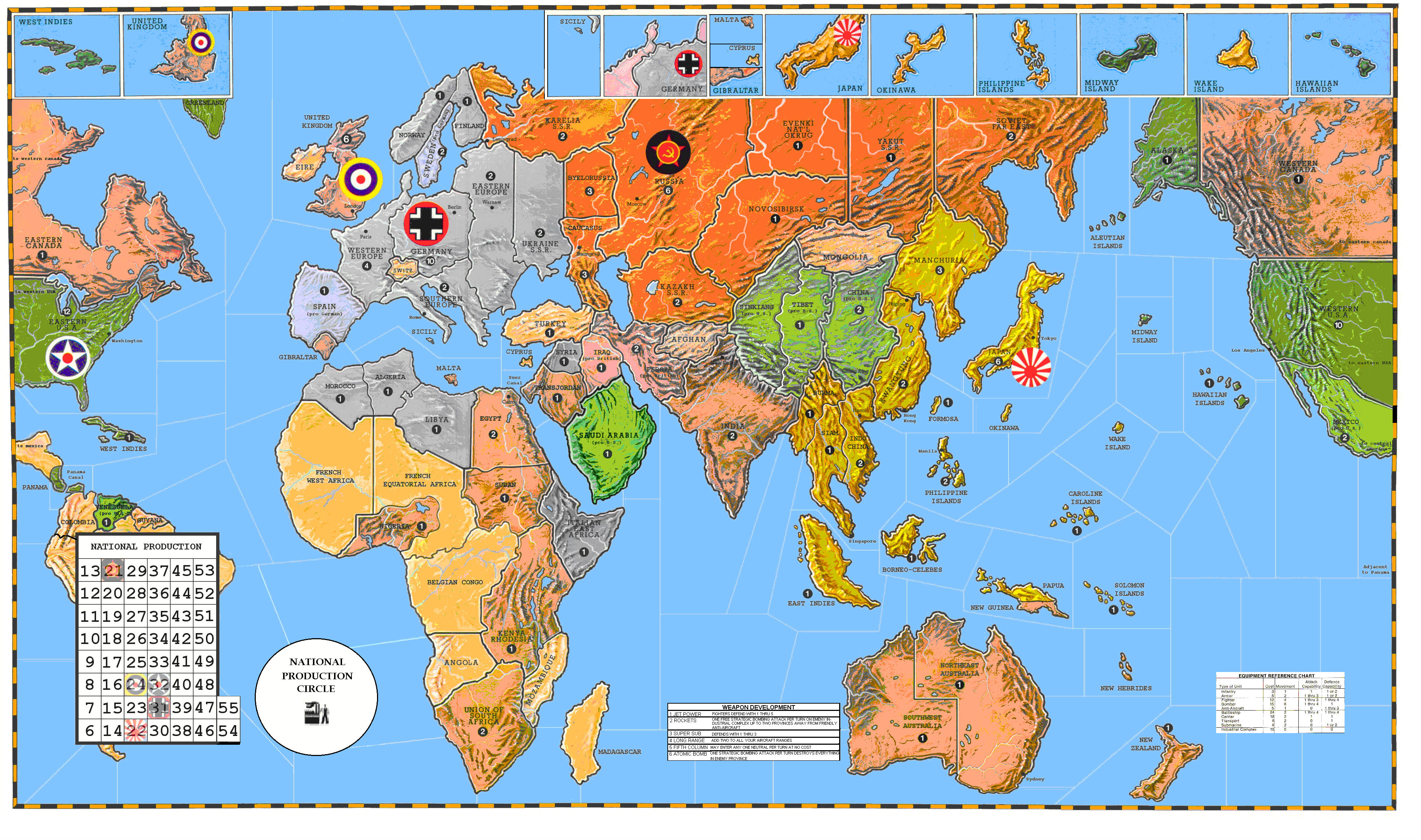 A color map of the world, suitable for playing Axis & Allies, similar to the one above