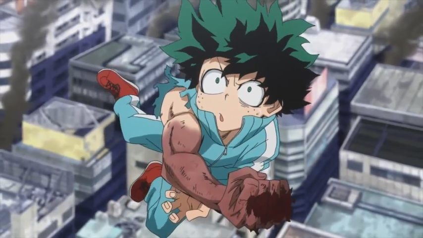Midoriya uses his quirk One for All for the first time.