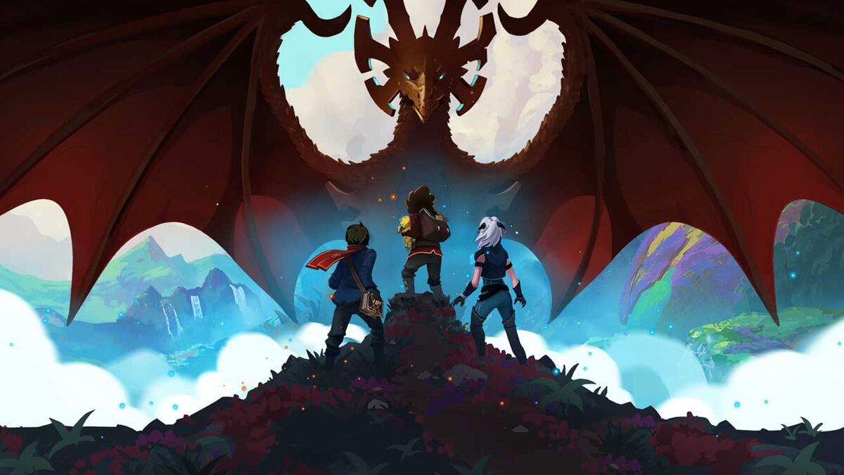 Three heroes stand before a flying dragon.
