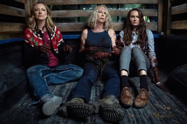 Laurie (centre) with daughter, Karen (Judy Greer, left) and granddaughter, Allyson (Andi Matichak, right) in a scene from the end of Halloween.