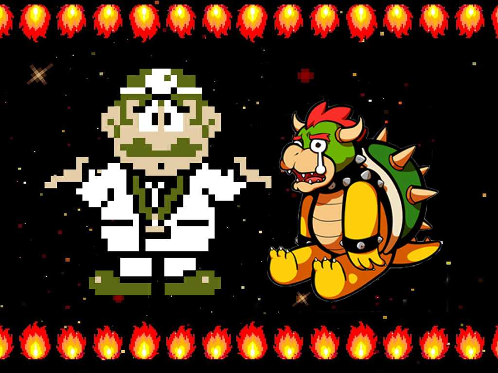 Doctor mario shrugs next to a crying Bowser