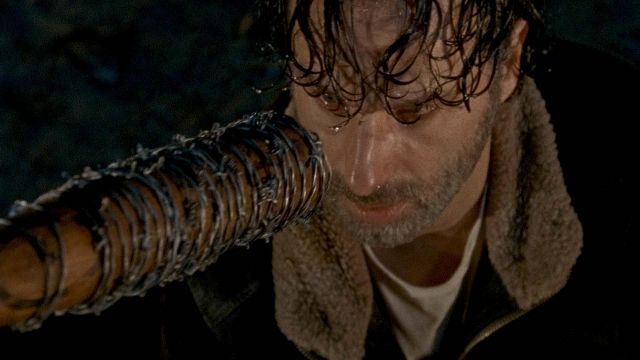 Negan&#039;s bat in Rick&#039;s face The Walking Dead