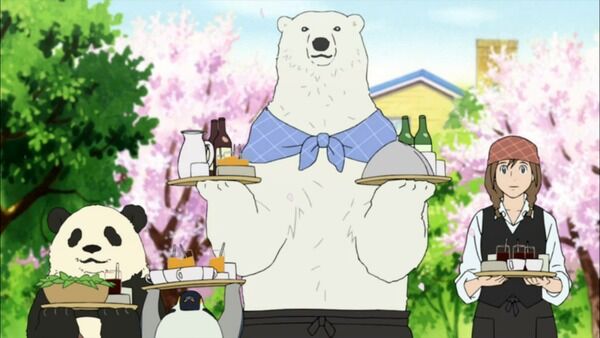 Polar Bear Cafe, Shirokuma, penguin, panda, and human girl