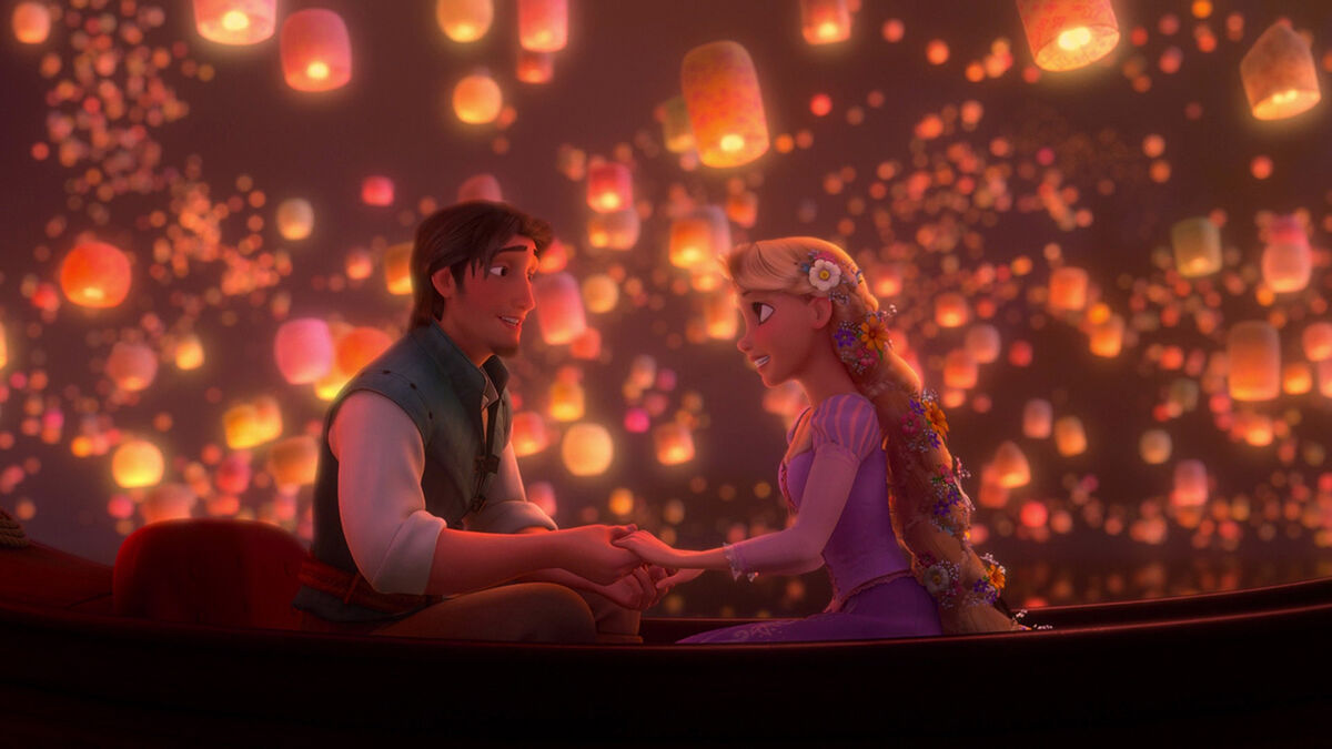 Rapunzel and Flynn Rider witness the lantern celebration.