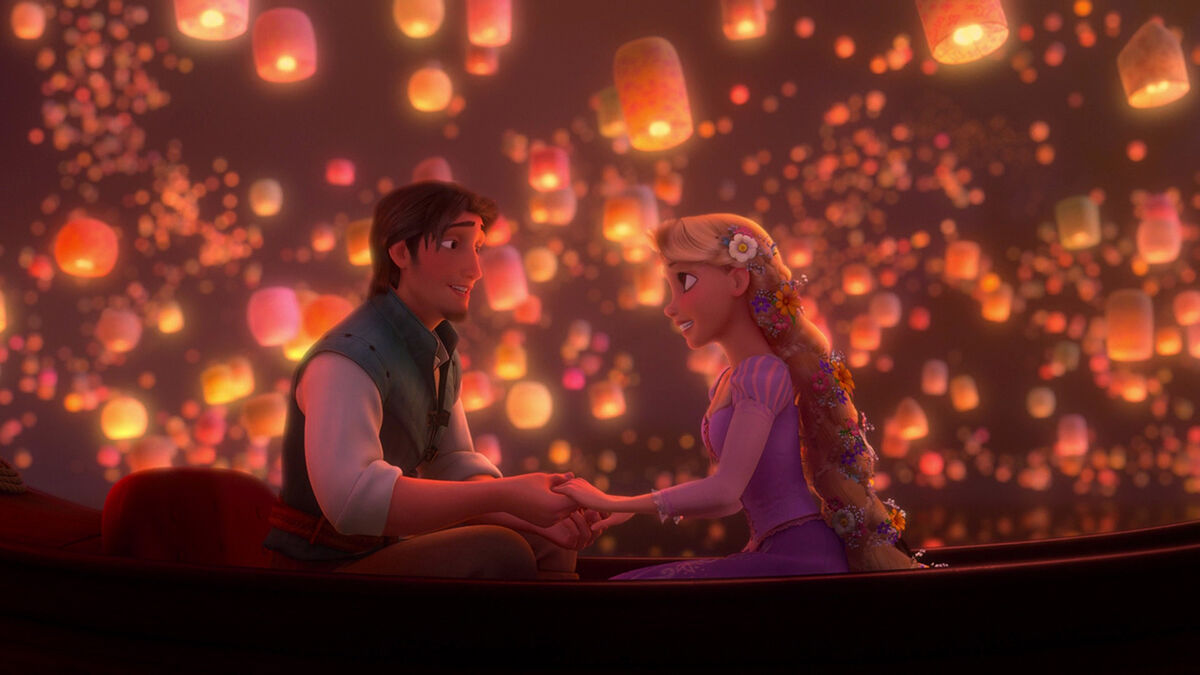 Rapunzel and Flynn Rider witness the lantern celebration.