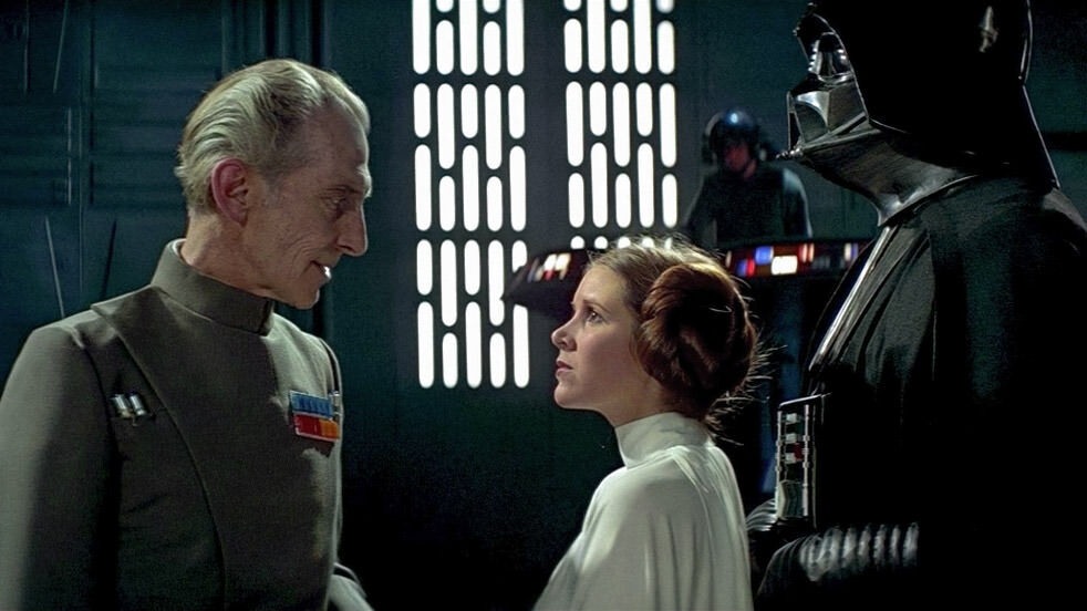 Tarkin, Leia, and Darth Vader aboard the Death Star.