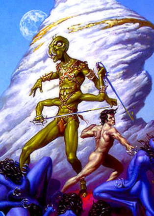 Tars Tarkas helps John Carter in his fight against the Plant Men of the Valley Dor, at the end of the River Iss; art by Michael Whelan