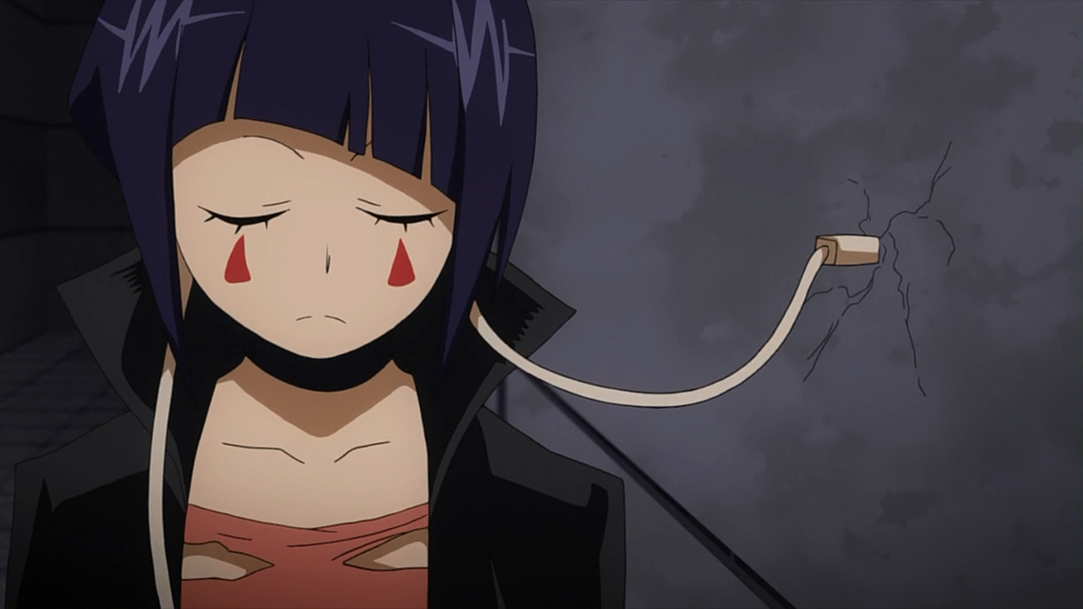 Kyoka plugging her earphone jack into a wall to crack it.