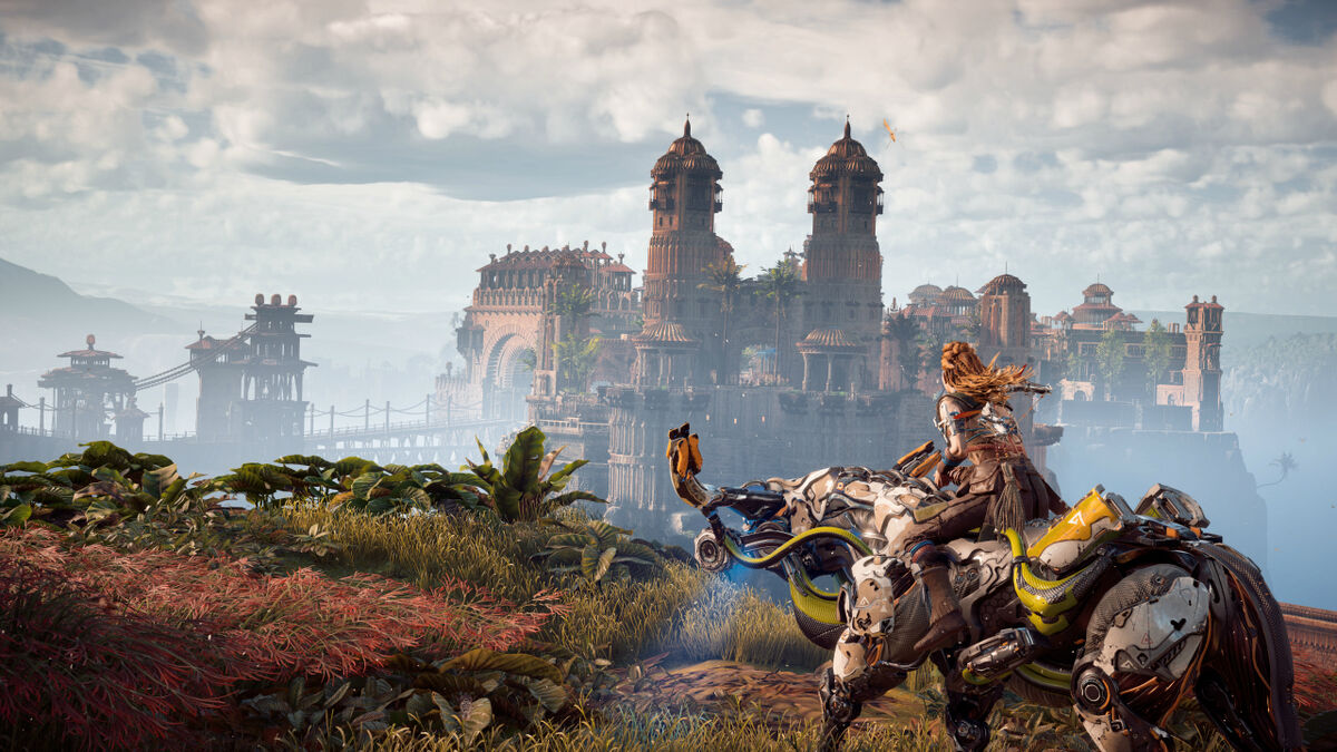 Horizon Zero Dawn Aloy riding Grazer