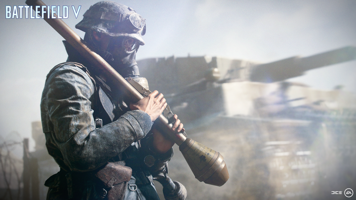 An Assault class holds an RPG in Battlefield V