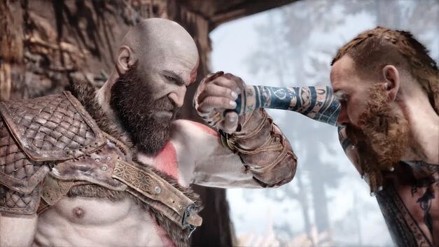 Kratos catching Baldur's fist.