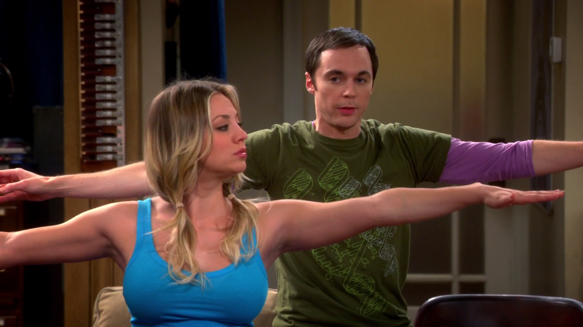 Image Penny And Sheldon Doing Warrior 2 The Big Bang Theory Wiki Fandom Powered By Wikia