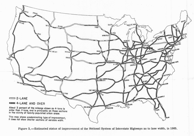 1955 map the planned status of us highways in 1965 as a result of the developing interstate highway system