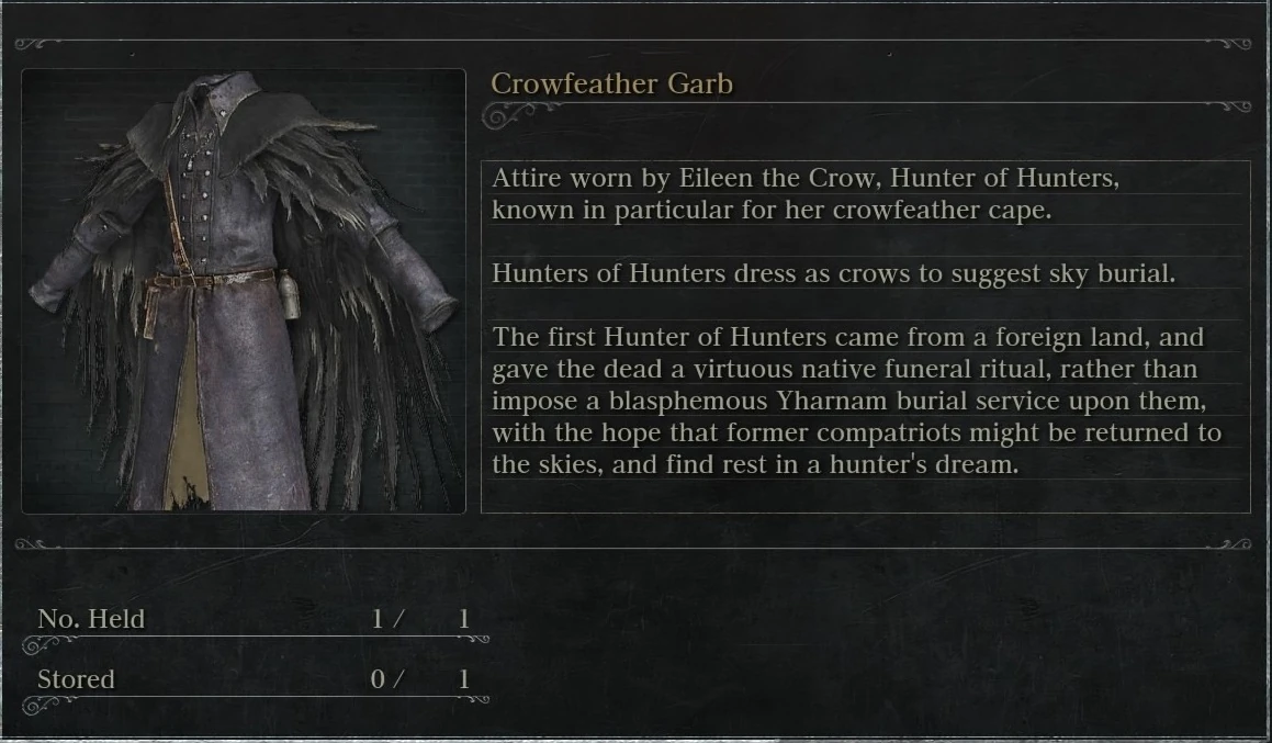 Image Crowfeather Garb.jpg Bloodborne Wiki FANDOM powered by Wikia