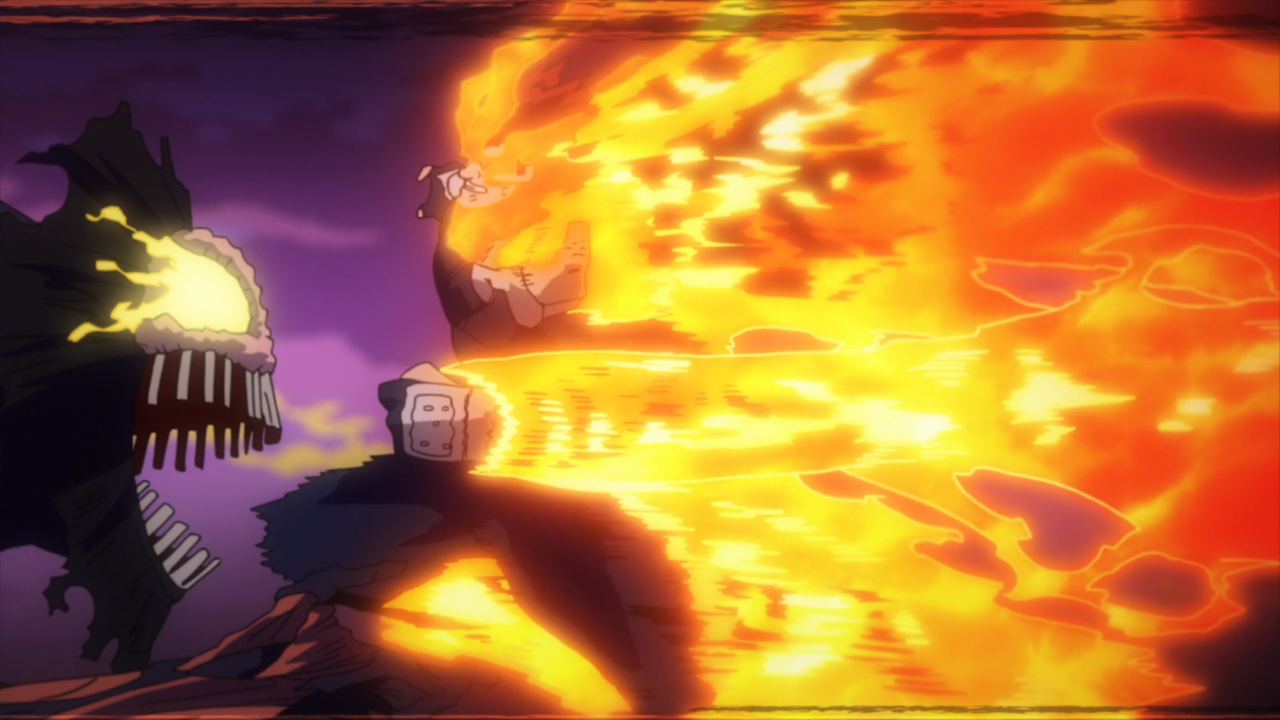 Endeavor fighting off a High end Nomu in My Hero Academia