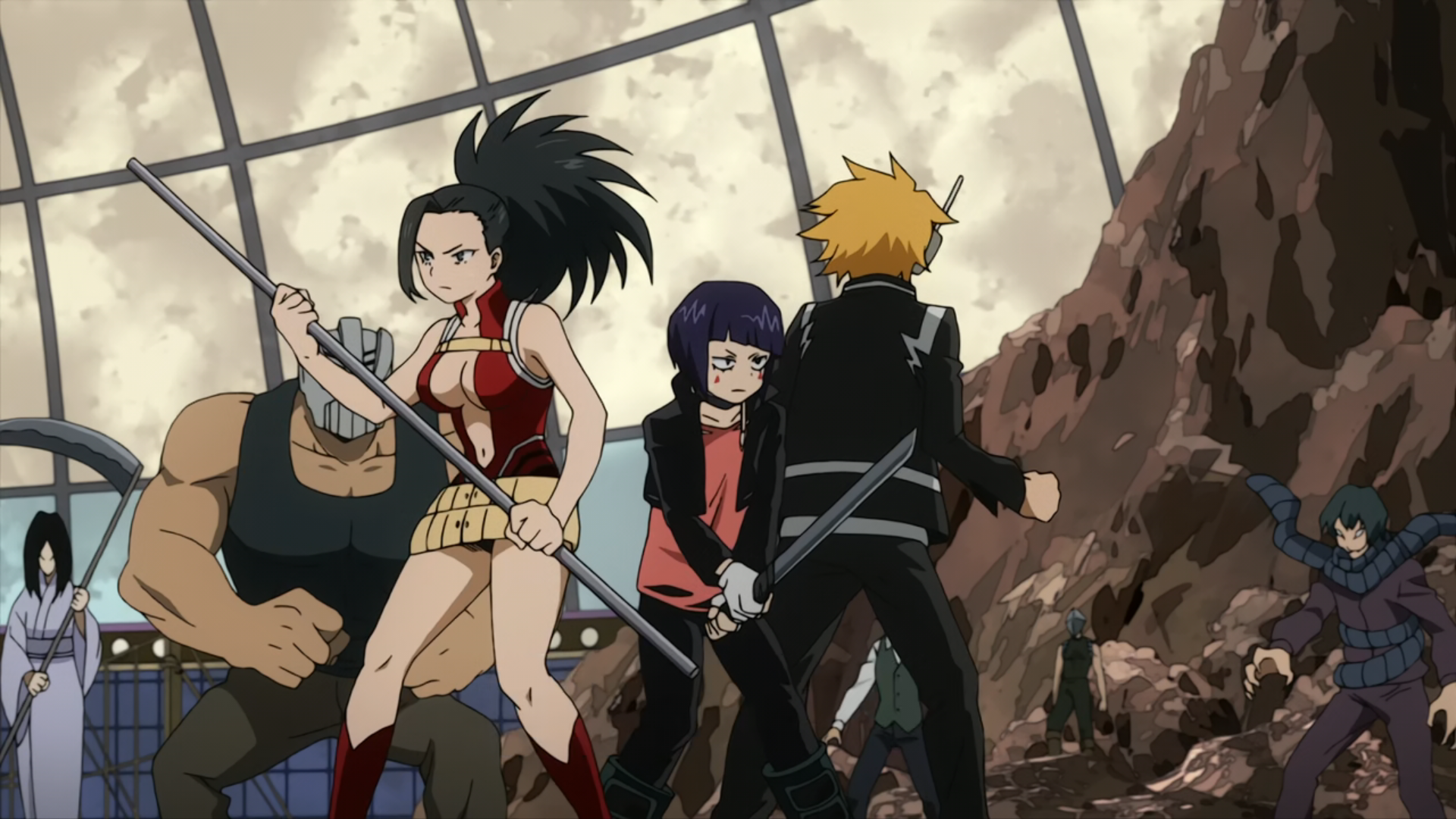 Momo Yaoyorozu Kyoka Jiro And Denki Kaminari Vs Villains