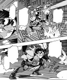 Koichi dodges the fireballs