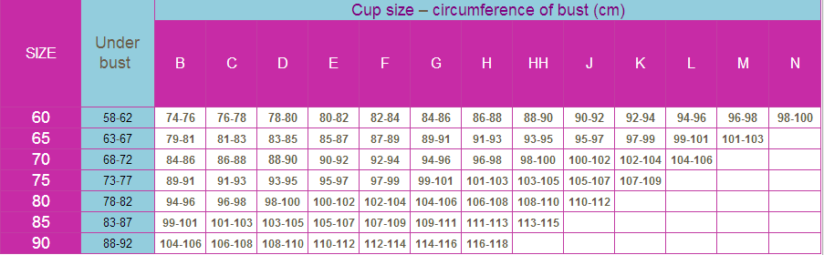 Bra Cup Size Chart In Inches