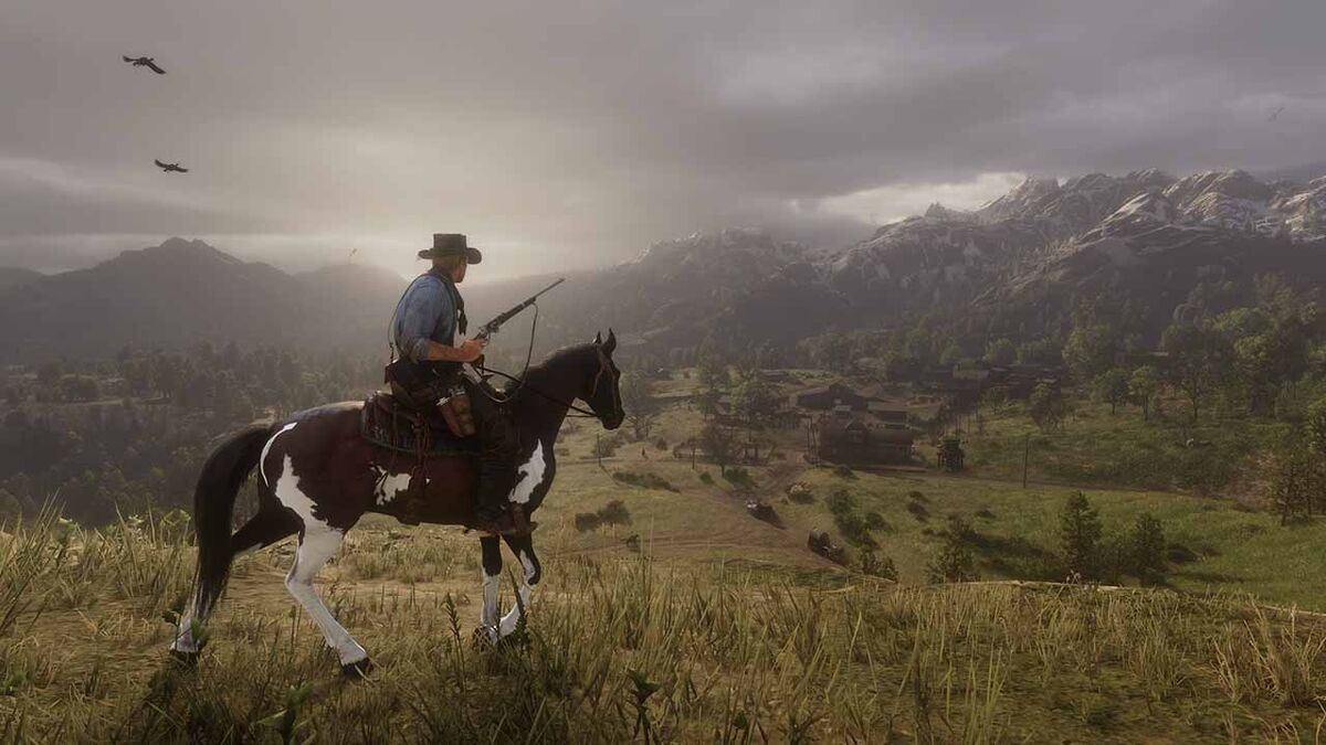 Riding a horse and looking at far away mountains in Red Dead Redemption 2.