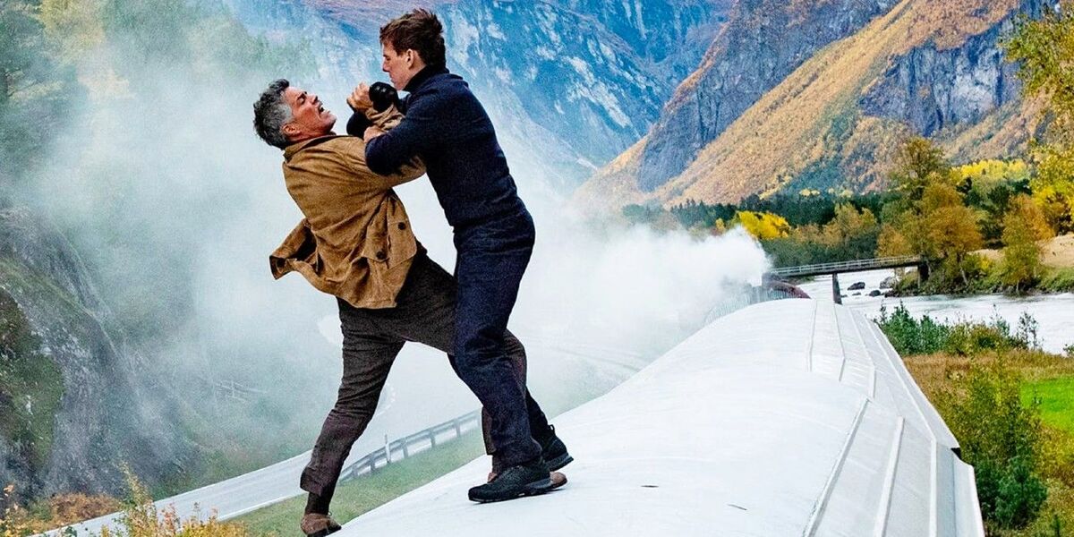 Gabriel and Ethan fighting on the runaway train in Benji Dunn and Ethan Hunt in Mission: Impossible - Dead Reckoning - Part One