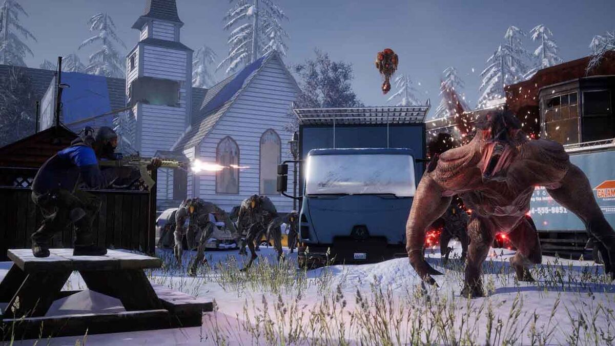 Multiple alien enemy types Earthfall gameplay player firing gun