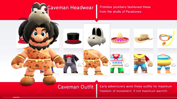 Mario Odyssey closet with lots of outfit choices