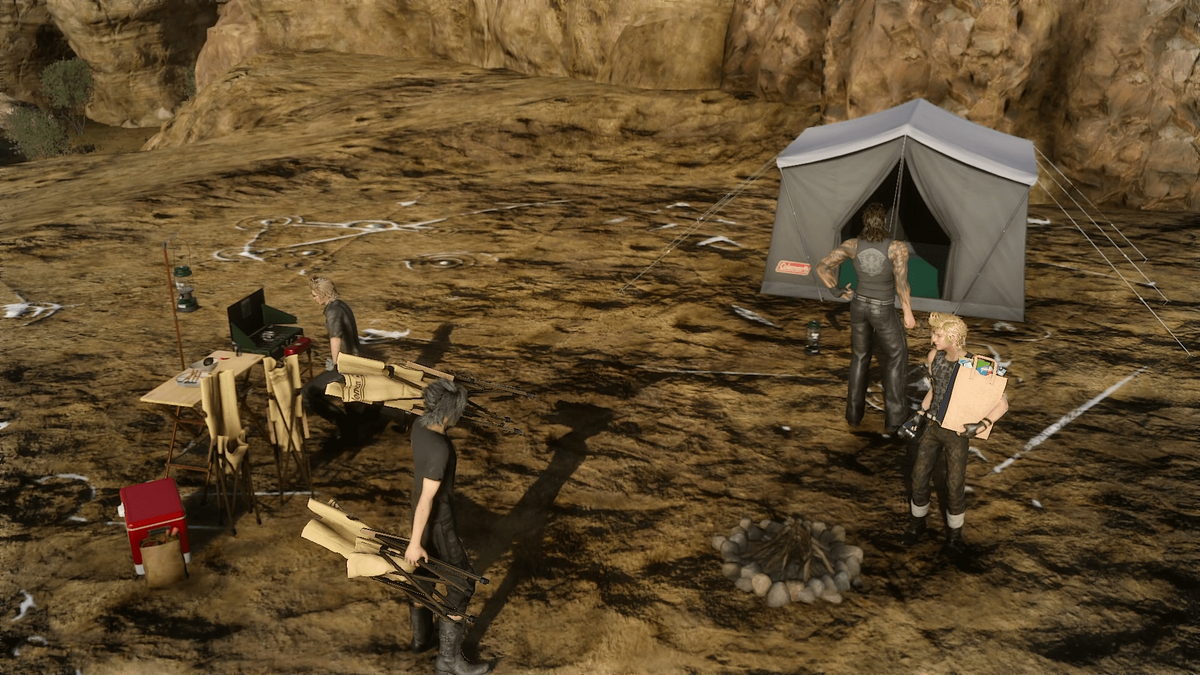 A screenshot of the Final Fantasy XV team camping out.
