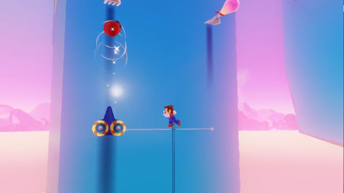Mario throws Cappy to possess a fork in Luncheon Kingdom