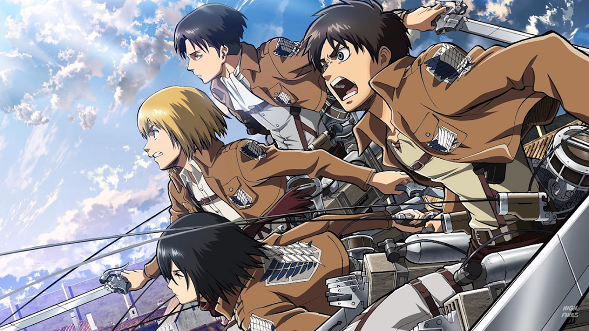 Attack on Titan Characters Eren, Armin, Levi, and Mikasa.