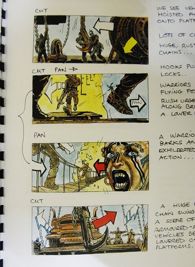 Storyboards for the vehicle-lowering scene.
