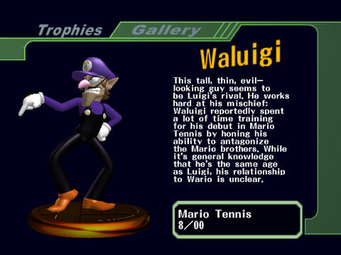 A Waluigi trophy from Super Smash Bros. Melee.