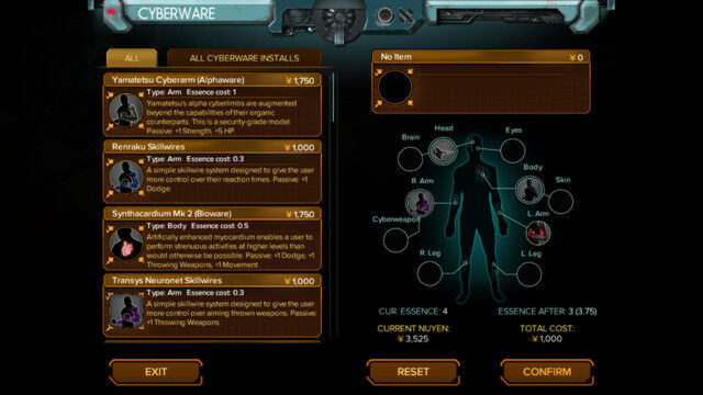 Examples of cyberware upgrades the player can install in Shadowrun: Hong Kong.
