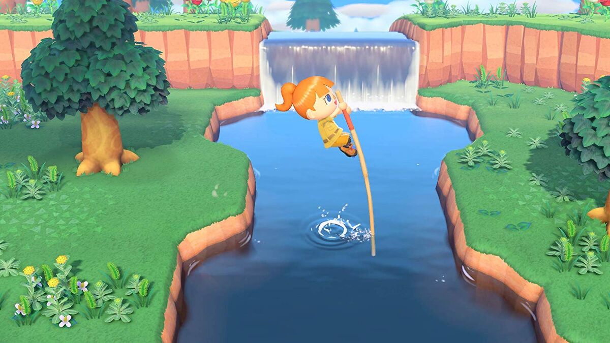 An Animal Crossing villager crosses a river.