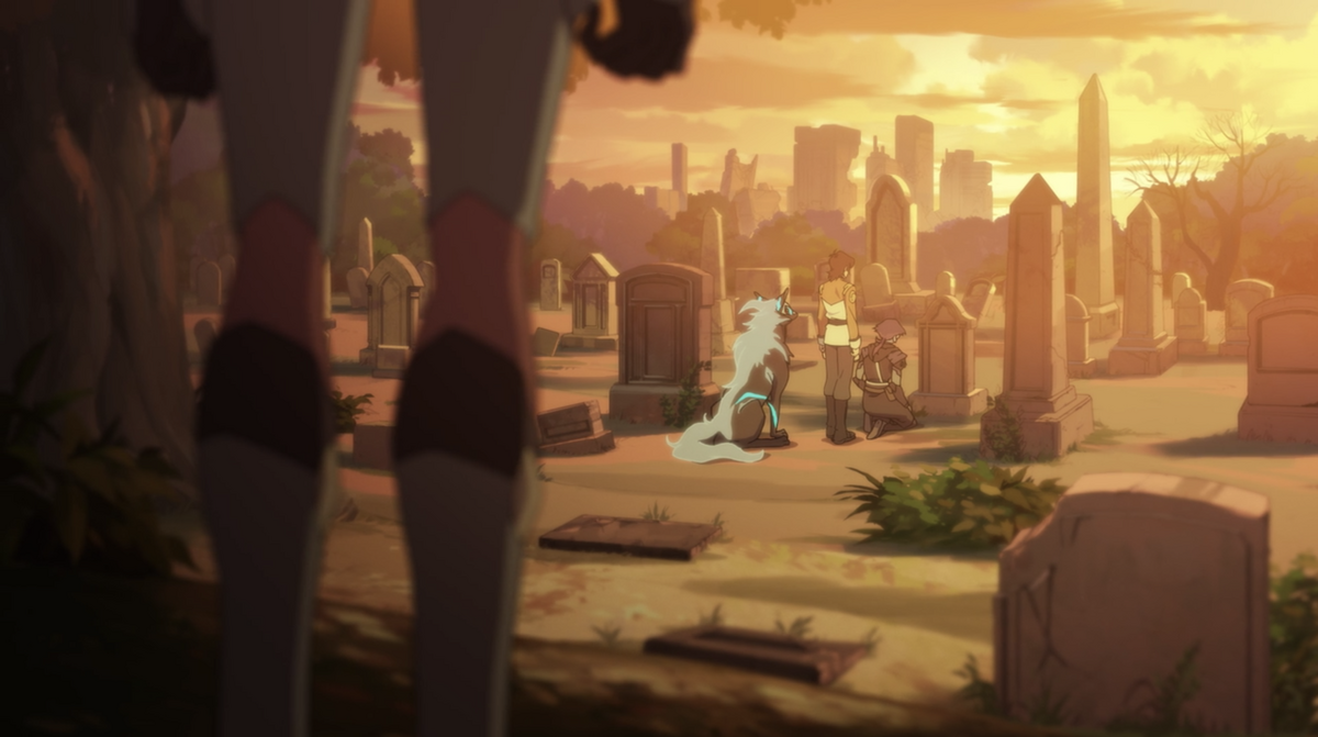 Krolia, Keith, and the space wolf visit Keith's dad's grave