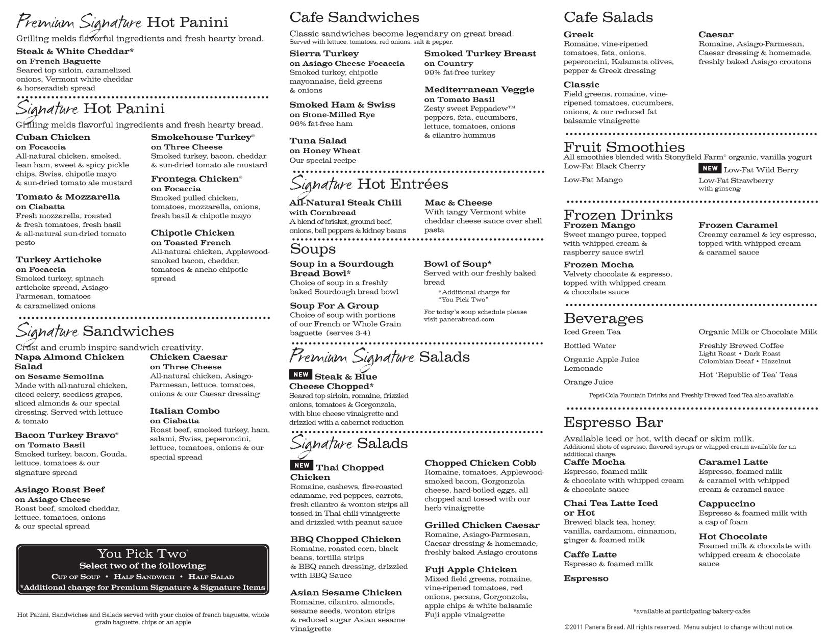 Printable Panera Bread Menu   Latest