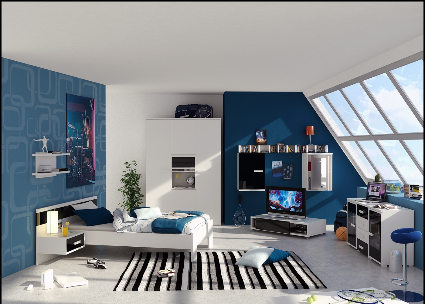 Image Blue And White Interior For Boys Room With Slopping Window Blue And White Interior For Boys Room With Slopping Window Jpg