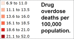 US map legend. Drug overdose deaths per 100,000 population