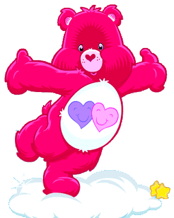 pink care bear with 2 hearts