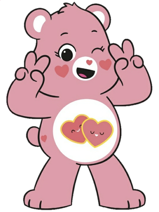 pink care bear with 2 hearts