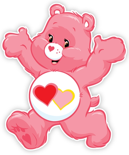 pink care bear with 2 hearts