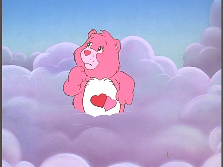 pink care bear with 2 hearts