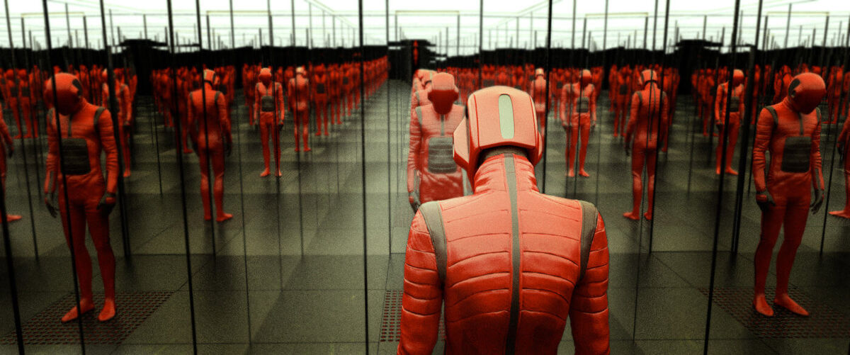 beyond the black rainbow man in red suit reflected in a multitude of mirrors