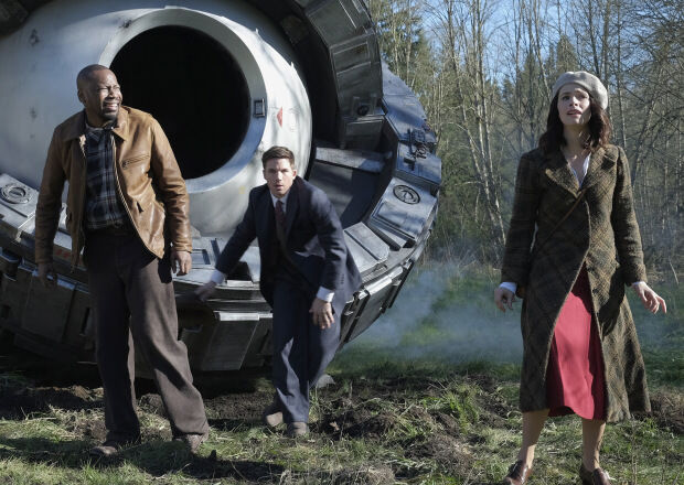 TIMELESS -- &quot;Pilot&quot; -- Pictured: (l-r) Malcolm Barrett as Rufus Carlin, Matt Lanter as Wyatt Logan, Abigail Spencer as Lucy Preston 