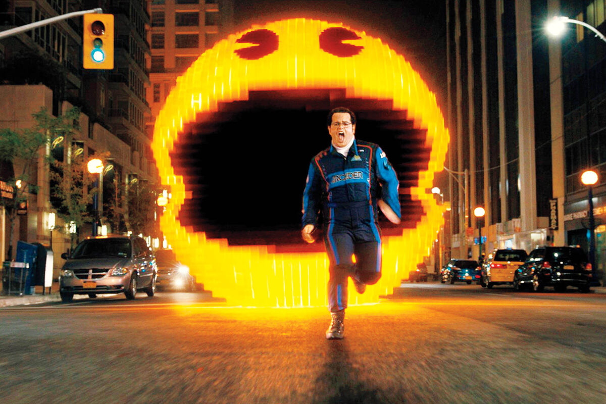 pixels josh gad running away from pac man