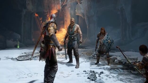 Kratos and Atreus staring down Magni and Modi.