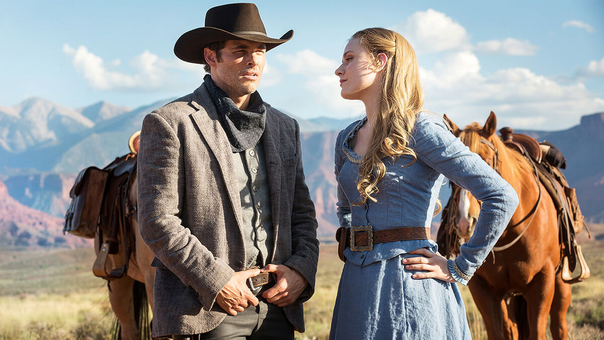 James Marsden and Evan Rachel Wood in Westworld looking out at the horizon